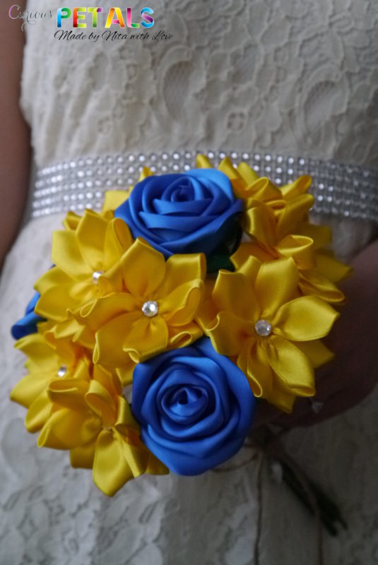 Blue & Yellow Satin Ribbon Rose Bouquet, Handmade