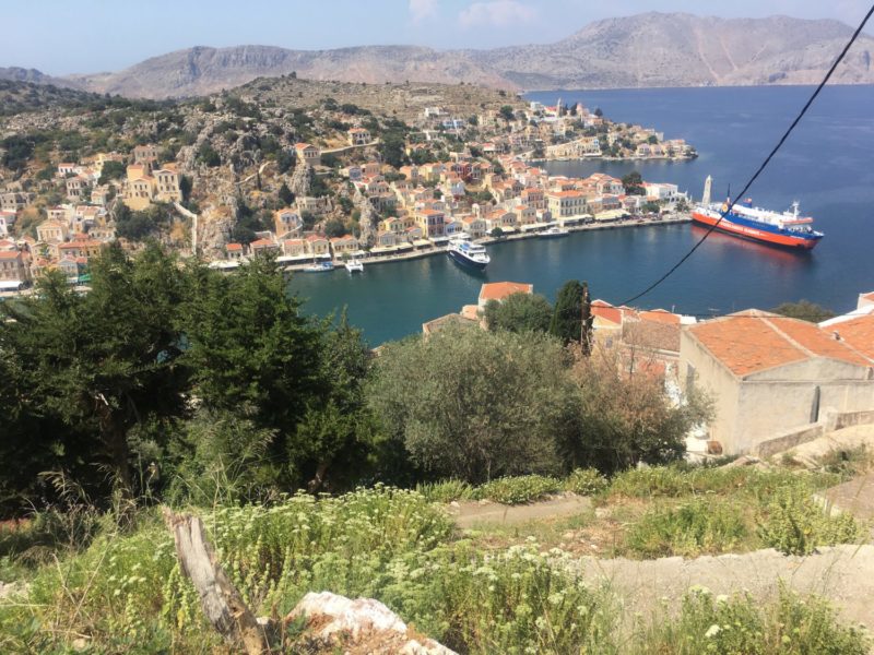 Halfway up, our view back down to our Gialos and ship. Symi Island.