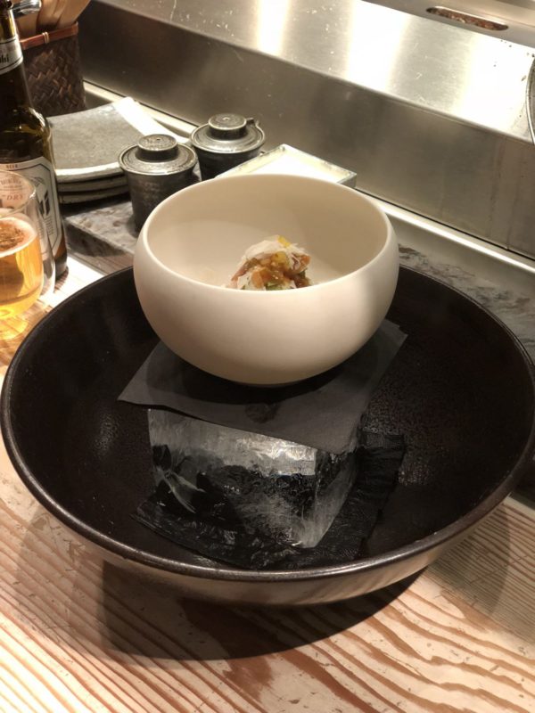 Engawa London: Appetiser on top of a massive cube of ice!